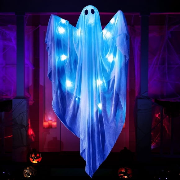 Joyfy 47 Inch (119 cm) Hanging Ghosts Halloween Decor,Halloween Light up White Ghosts with Spooky Blue LED Light,Halloween Outdoor Yard Porch Decorations,Haunted House Decorations
