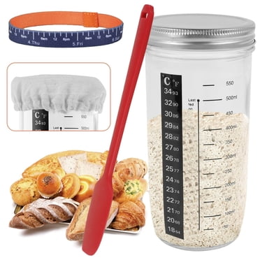 YOPTOP 6Pcs Sourdough Starter Jar Kit with Scale Thermometer Heat Resistant Sourdough Starter Container with Metal Lid Clear Sourdough Jar Reusable Sourdough Fermentation for Baking(25.7o