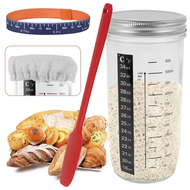 PENGXIANG Ensemble de 6 Pots de Levain avec Thermomètre à Échelle, Contenant de Levain Résistant à la Chaleur avec Couvercle en Métal, Pot de Levain Transparent, Fermentation de Levain Réutilisable pour la Cuisson (25