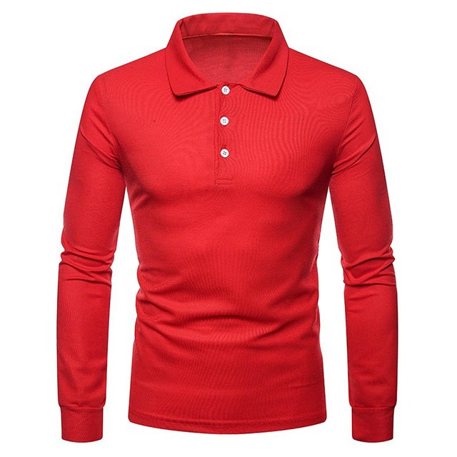 RXIRUCGD Men's Long Sleeved Solid Color Button Up Collar Top, Red, Size: M