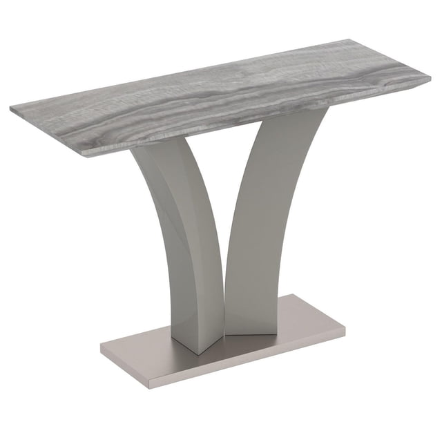 Contemporary Faux Marble & Stainless Steel Console Table in Grey with a rectangular 1-1/2 inch thick faux marble paper veneer top, supported by two curved grey painted geometric posts and a stainless steel wrapped MDF base, suitable for entryways or living rooms and often used as a stylish sofa table.