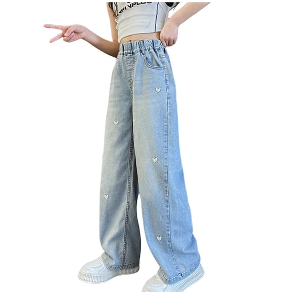YOUSNH Girls Fashion Embroidered Pants Elastic Waist Wide Leg Jeans Loose Casual Demin Pants with Pockets Girls Pants Blue 13-14 Years