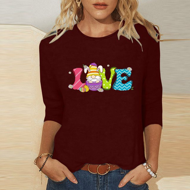 Xihbxyly Hauts Décontractés pour Femmes T-shirt à Col Rond Imprimé de Pâques à Manches 3/4 T-shirt à Col Rond Chandail à Enfiler Tendance à Petit Budget