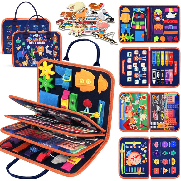 WJCA Montessori Toys for 1 Year Old - Multi-Layer Busy Board Busy Book for 1-4 Year Olds, Toddler Sensory Board with Animal Traffic Themes, Educational Activities for Fine Motor Skills, Travel Toy for