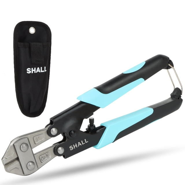 SHALL 8-Inch Mini Bolt Cutter with a two-color ergonomic handle in black and blue, featuring a security lock and adjustable opening for precise cutting. The tool includes a black belt bag made of durable 600D fabric for easy portability. Designed for cutting steel wire, iron wire, copper wire, and wire rope with a maximum jaw opening of 1/4 inch (7mm).