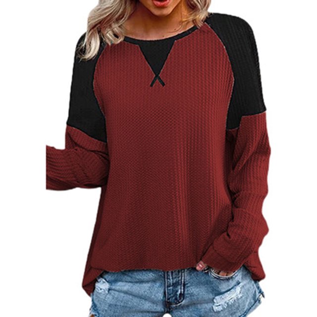 Pompotops Mode Femmes Été T-Shirt Manches Longues Patchwork Top Chemisier