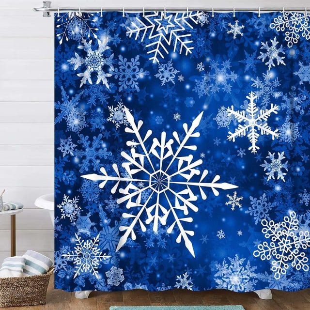 Christmas Snowflake Shower Curtain Set, Christmas Shower Curtains for Bathroom, Winter Blue Shower Curtain Christmas Decorative Shower Curtains,36X72IN