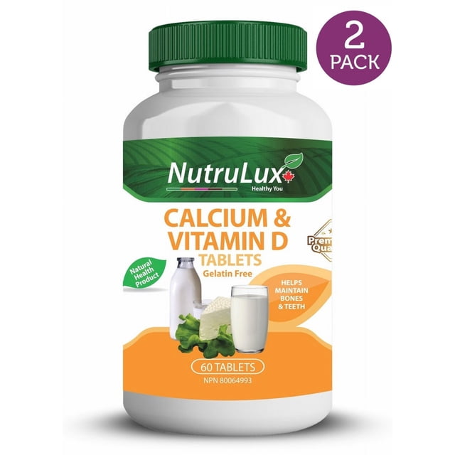 NutruLux Calcium & Vitamin D (600 mg Calcium) Halal Gelatin Free Tablets, Pack of 2. The bottle features a green cap and a label with the NutruLux logo and a Canadian maple leaf icon. The label highlights 'Natural Health Product,' 'Gelatin Free,' and 'Helps Maintain Bones & Teeth.' The product contains 60 tablets per bottle, designed to support bone health and calcium absorption. The label includes images of milk, cheese, and leafy greens to emphasize calcium-rich sources.