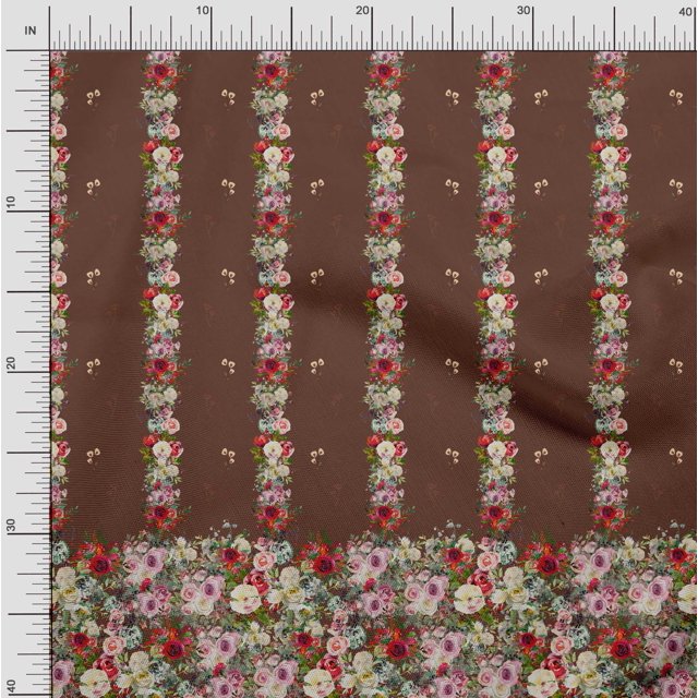 Soimoi Moss Georgette Fabric Leaves & Rose Panel Fabric Prints by Yard 42 Inch Wide