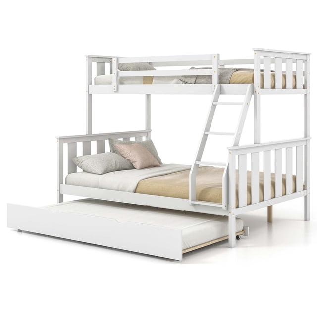 Costway Twin Over Full Bunk Bed with Trundle Ladder Safety Guardrails 3-in-1 Beds in white. This wooden bunk bed features a twin-size upper bed, a full-size lower bed, and a pull-out trundle bed with smooth rolling wheels for extra sleeping space. The design includes 10.5-inch safety guardrails on the top bunk and a reversible ladder for easy access. The frame is constructed from solid pine wood with thickened wooden slats for durability and stability. The bunk bed can be separated into two individual beds, making it versatile for various room arrangements. Ideal for children's bedrooms, guest rooms, or apartments. Dimensions: 78 x 58.5 x 63.5 inches (L x W x H).