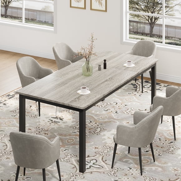 79 in Dining Table for 6, Farmhouse Wooden Kitchen Tables for Family, Rectangular Industrial Style Dining Room Table with Sturdy Metal Frame, Long Desk for Restaurant, Kitchen, Grey,1.8m