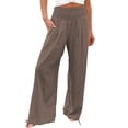 thumbnail image 3 of lcziwo Womens Linen Palazzo Pants Elastic Smocked High Waist Wide Leg Beach Lounge Pants Trousers with Pockets,Brown,XL, 3 of 7