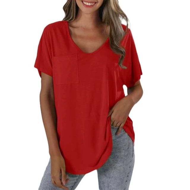 Yubnlvae T-Shirt Décontracté à Poche à Manches Courtes pour Femmes, T-Shirt Décontracté à la Mode pour Femmes Uni avec Poche, Liquidation! Uni, Col Rond, Rouge, G