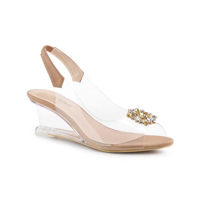 BLISSFUL STEP Chaussures pour Femmes Talons Compensés Transparents à Strass Bout Ouvert Slingback Chaussures Transparentes Nude 11
