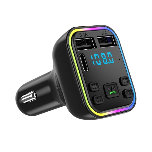 Bdday Car Bluetooth 5.0 Wireless Handsfree Car FM Transmitter Receiver Radio MP3 Adapter Player with 2 USB and PD Charger Kit. The device features a compact black design with a digital display showing FM frequency, dual USB ports, and control buttons for music and calls. It includes a colourful LED light strip around the edges and a cigarette lighter plug for power. Suitable for hands-free calling, music playback, and charging devices in vehicles.