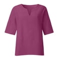 thumbnail image 3 of UPPADA Hauts pour Femmes Tendance Chemises à Manches 3/4 Habillées Décontractées Blouses en Lin Couleur Unie Col Ras du Cou Chandail d'Été Printemps Hauts, 3 of 5