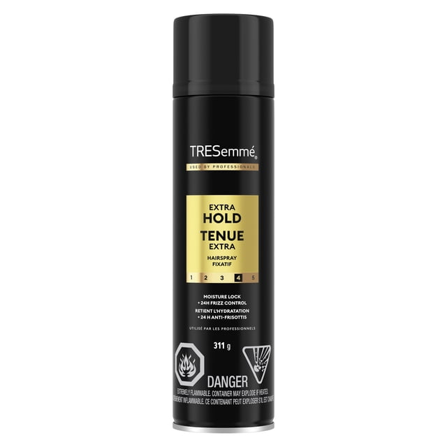 TRESemmé Hairspray Extra Hold Moisture Lock+24H Frizz Control, 311 g front-facing aerosol can upright with brand name and 'Extra Hold 24H' claim; professional extra-hold styling spray that locks in moisture and controls frizz per product specs; spray from 25–30 cm to finish styles; often used to set updos and finished looks for all-day hold.