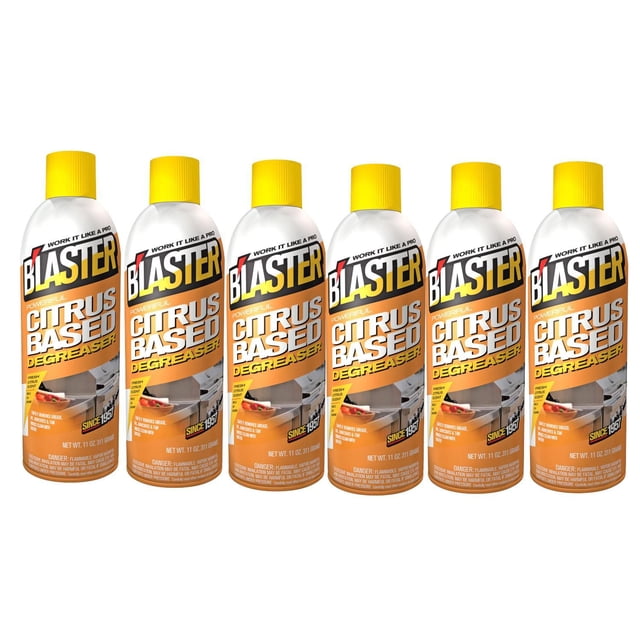 Blaster Citrus Based Degreaser 6-Pack with six 11 oz aerosol cans featuring yellow caps and orange labels, designed for fast-acting removal of tar, grease, oil, and adhesive from automotive surfaces and maintenance equipment.
