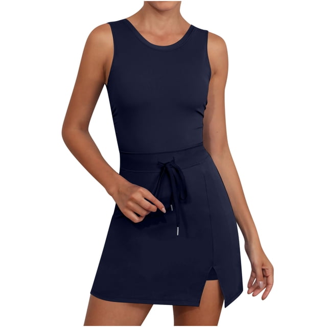 Dealovy Combinaisons Courtes pour Femmes Athlétiques Sans Manches Robe de Tennis avec Shorts Intégrés Été Taille à Cordon Robes Mini