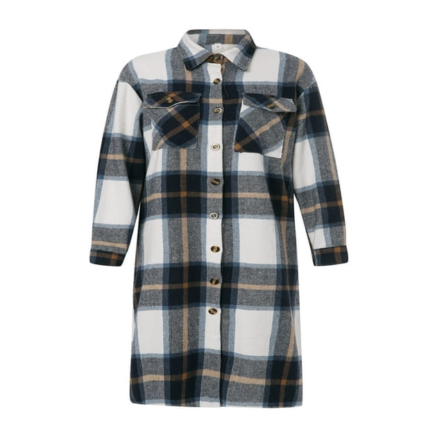 Women Plaid Windbreaker Coat Button-down Long Sleeve Lapel Jacket With Pockets Fall Spring Outwear