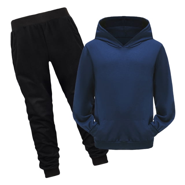 Hiiyo Boys Casual Active Outfits Solid Color Pullover Hoodie Sweatpants Set
