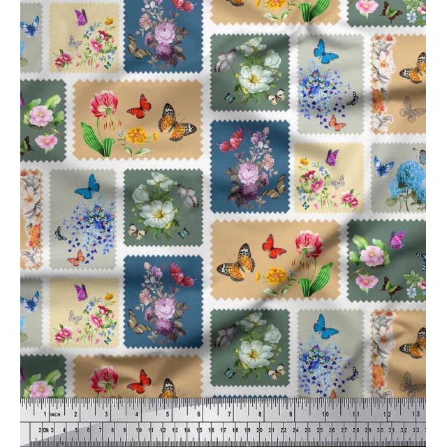Soimoi Blue Polyester Crepe Fabric Floral & Insect Patchwork Printed Craft Fabric by The Yard 52 Inch Wide