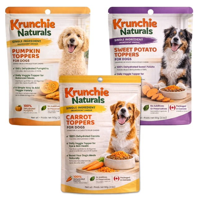Réparer la nourriture piquante & Soutien Digestion – Paquet de variétés de topper pour chiens (3 Saveurs) – Citrouille naturelle, carotte & Pommes de terre douces Krunchie Naturals