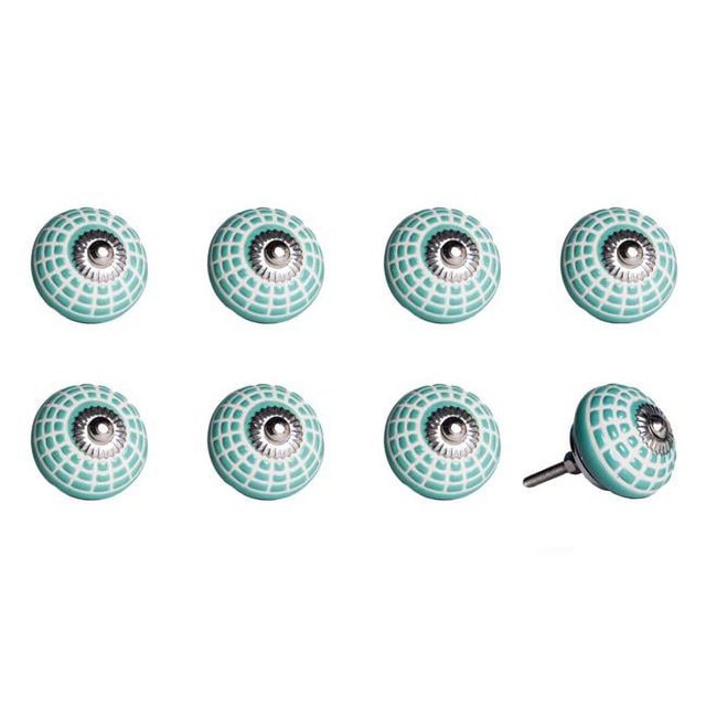 Knob-it 676685044907 Ensemble de Boutons Ronds en Céramique Peinte à la Main Vintage - Turquoise & Blanc - Lot de 8