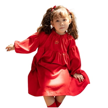 LUOGENLI Robe Fillette Tout-Petit Automne Imprimée à Manches Longues Robe en Velours Côtelé Couleur Unie Robe de Princesse Robe pour Filles Longueur Midi Grande Taille Rouge 5-6 Ans