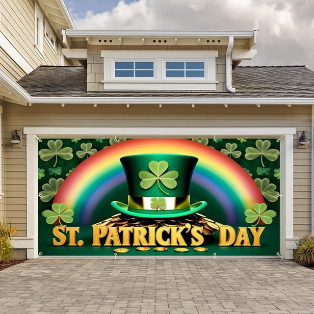 St. Patrick's Day Garage Door Cover Banner Decorations Spring Green Rainbow Garage Door Cover Outdoor Birthday Saint Patrick's Day Party Garage Door Photo Flagpole Rope Clips Come And Take It Flag 3x5