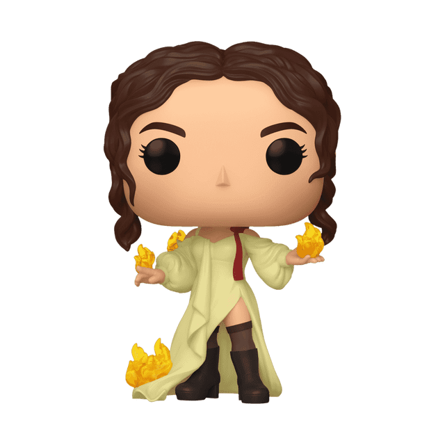 Funko Pop! Rocks: Rosalía - Rosalía (La Noche de Anoche) Vinyl Figure showing a front-facing collectible vinyl figure with brown wavy hair, large black eyes, wearing a pale yellow dress with a thigh-high slit and black boots, holding yellow flames on her hands and feet, suitable for action figure and bobble head collections.