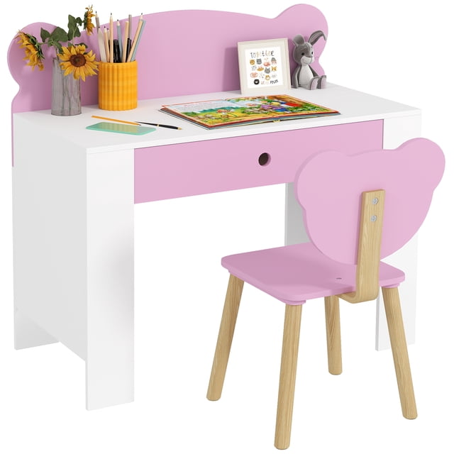 Ensemble Bureau et Chaise pour Enfants, Table d'Étude et Chaise avec Tiroir de Rangement, Rose