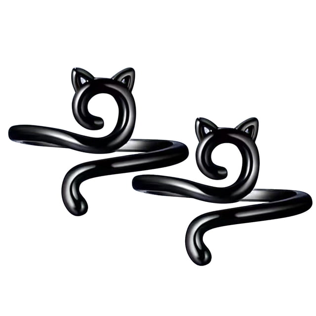 Knitting Loop Crochet Loop Knitting Accessories featuring two black, cat-shaped rings with a coiled design. Made from vintage-plated copper and brass, these hand-crafted loops are designed to improve knitting efficiency by maintaining consistent yarn tension and preventing blisters. The slightly opened coil allows for easy yarn sliding. Suitable for both left and right-handed use.