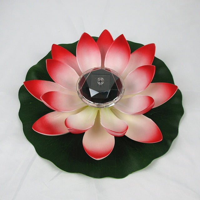 Pool Light Flower Shape Solar Power Garden Light, a solar-powered waterproof decoration lamp with a red and white flower design and green leaf base. Ideal for poolside, garden, and outdoor spaces, enhancing ambiance with its romantic and eye-catching design.