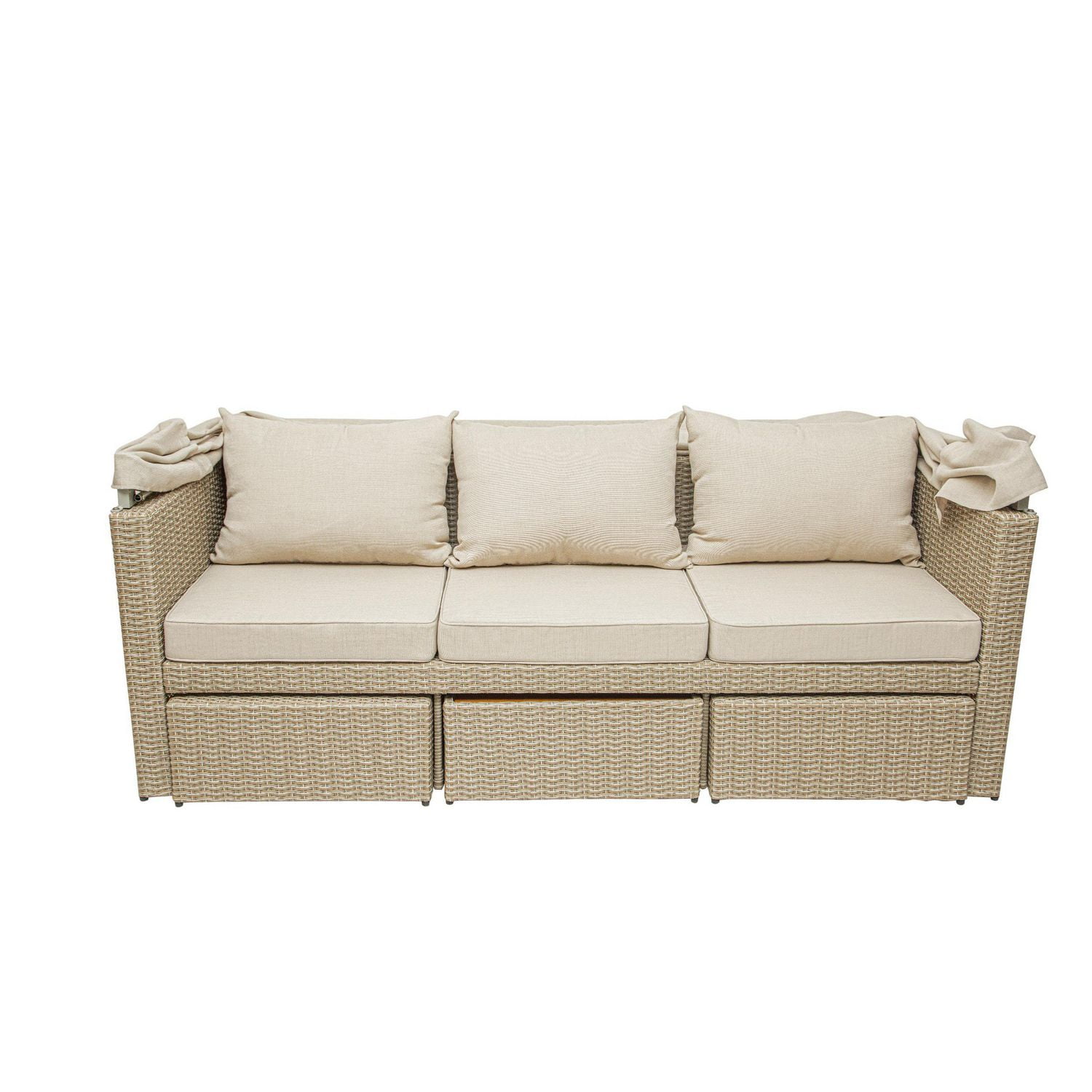 Deko Living Canapé de patio extérieur en osier 5 places avec auvent et pouf avec table