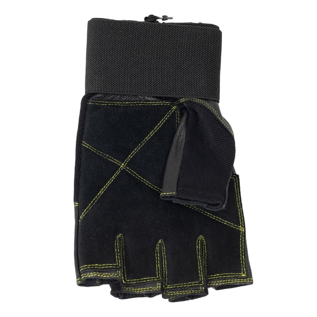 GoZone PRO Weight Gloves – Wrist Wrap Style – L/XL – Black/Lime showing a black half-finger weightlifting glove with lime stitching, foam padding, and a breathable wraparound wrist Velcro closure, designed to protect hands, improve grip, and reduce fatigue during strength training, also suitable for use with pull-up and push-up bars.