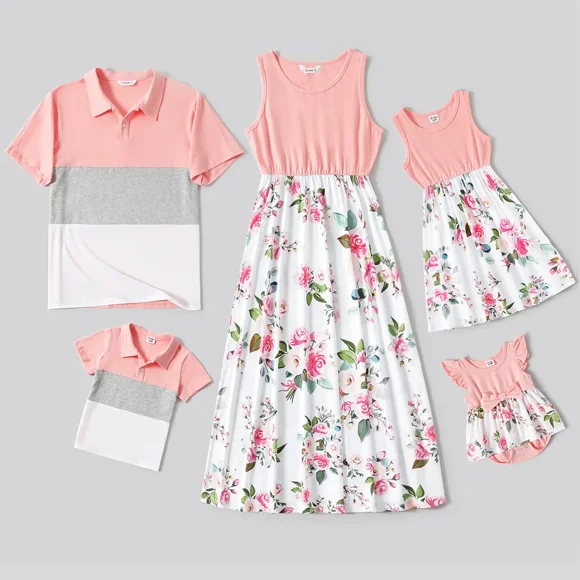 PatPat Family Matching Outfits Mommy and Me Dresses Short Sleeve Polo Shirts Sets for Men