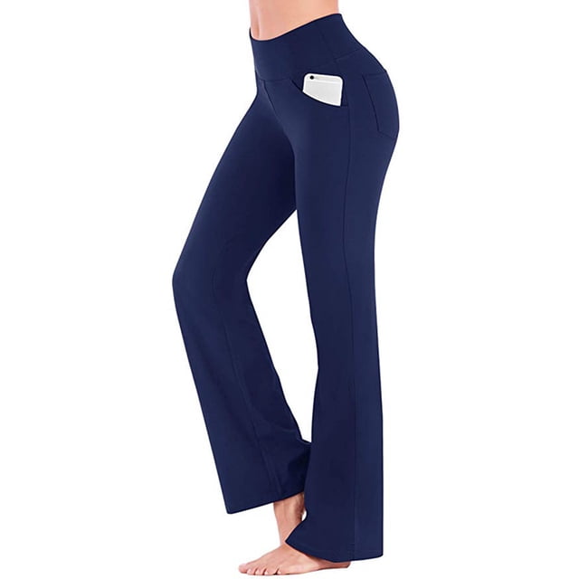 Luxur Pantalon de Yoga Taille Haute Boot Cut pour Femmes, Bleu Profond, L