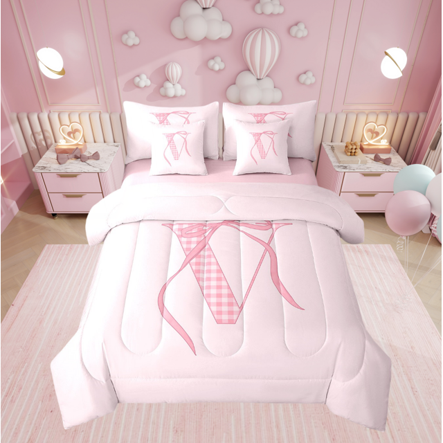 Erosebridal Cartoon Initial V Bedding Sets Full Size, Kawaii Ribbon Comforter Sets with Sheets, Teens Princess Decor, Reversible