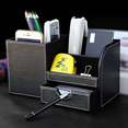 thumbnail image 1 of KINGFOM Pu Leather Desktop Organizer Pen Container with Drawer, Multi-Function School Office Supplies Storage Box for Keys, Pen/Pencil, Cellphone, Business Cards, Paper, Remote Control Holder Black, 1 of 9