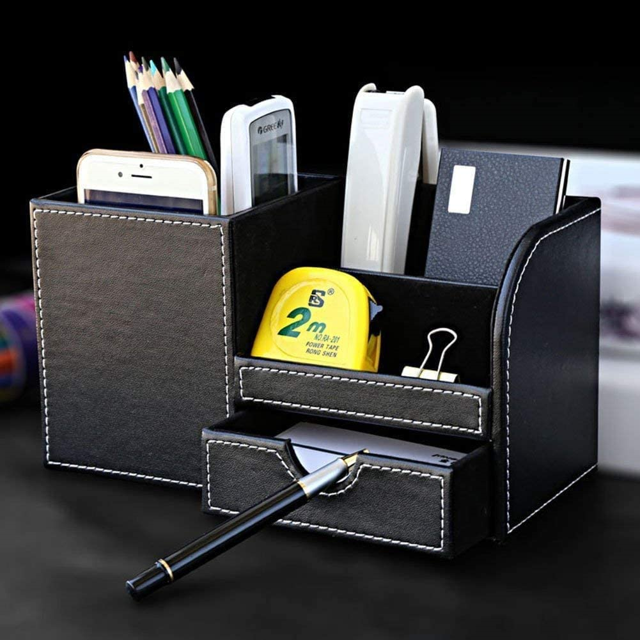 KINGFOM Pu Leather Desktop Organizer Pen Container with Drawer, Multi-Function School Office Supplies Storage Box for Keys, Pen/Pencil, Cellphone, Business Cards, Paper, Remote Control Holder Black