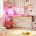 thumbnail image 2 of Bestier Reversible LED Computer Desk 63" Gaming Desk with Power Outlet 4 Tier Shelves Pink Carbon Fiber, 2 of 10