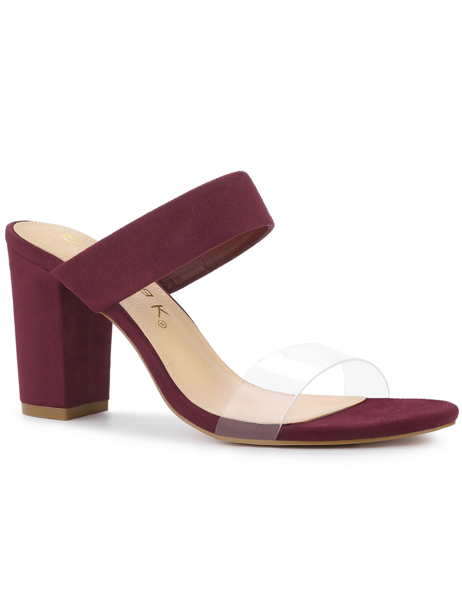 BLISSFUL STEP Women's Dual Clear Strap Chunky Heel Mules Slides Sandals Burgundy 10