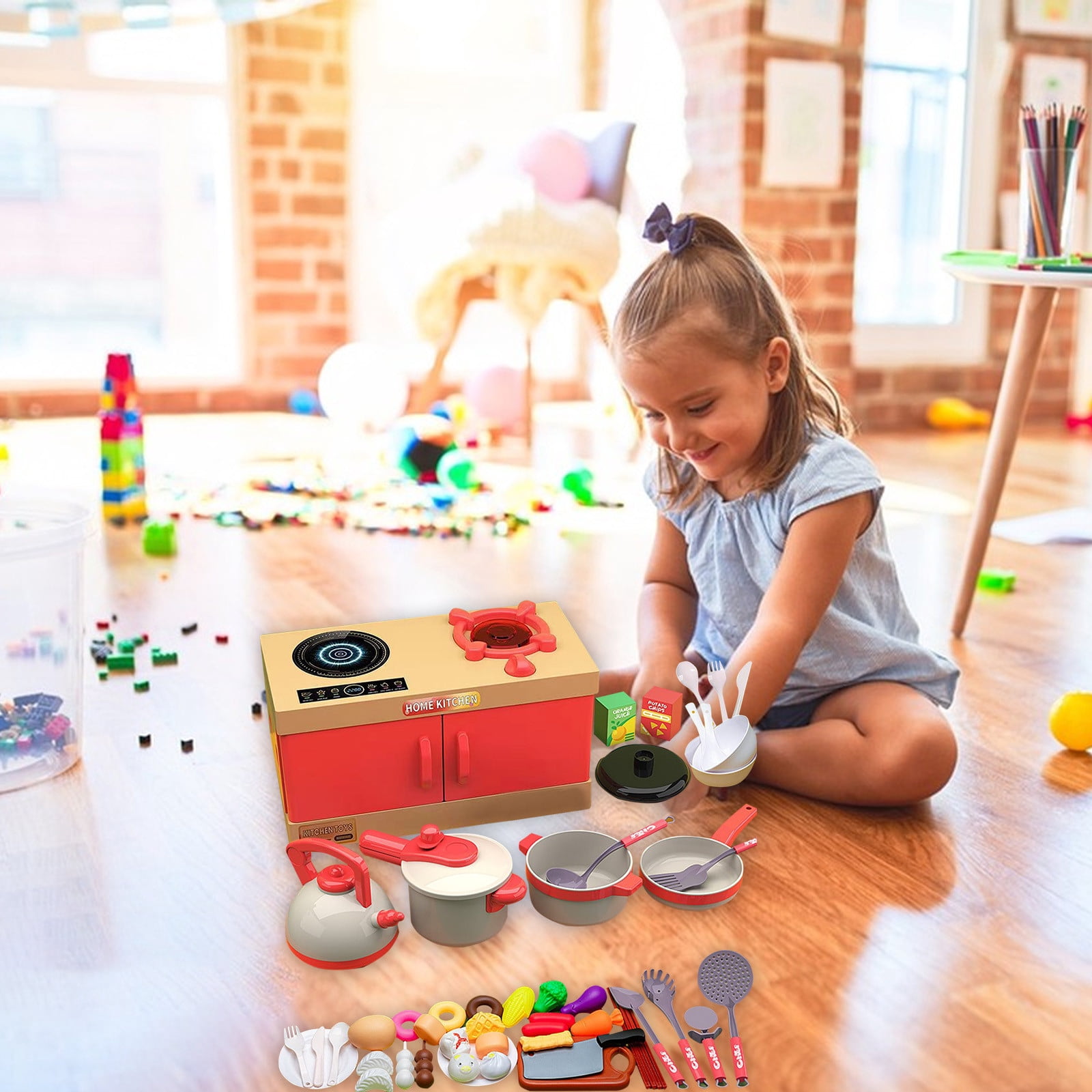 YANGHONGY Home Kitchen Children Toy Kitchen Set 56 PCS Pretend Play Cooking Set With Interactive Cooktop Realistic Accessories Pressure Cooker Kettle Frying Pan Play