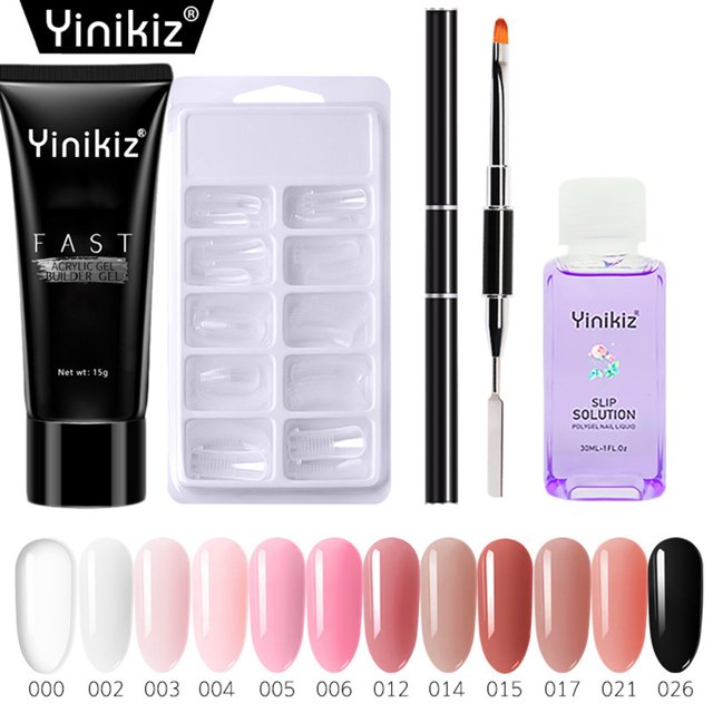 Poly Extension Nail Gel Quick Dry Nail Extension Poly Gel Set for Manicure Finger, including a 15g resin-based extension gel, nail mold set, 30ml anti-sticking solution, and double-ended tool pen. Features nail color samples from white to black. Suitable for nail art, manicure, and quick-dry nail extension applications.