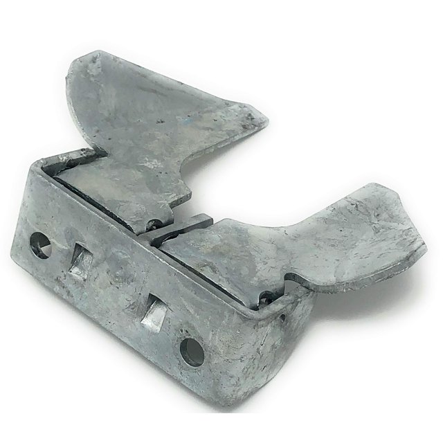 Wall Mount Gate Butterfly Fork Latch - 1-3/8" Fork, Chain link Fence gate hardware, Chain link Fence Gate parts front-facing view of a pressed-steel butterfly fork latch for 1 3/8" outer diameter chain link gate frames with hot-dipped galvanized finish, rectangular mounting plate with pre-drilled holes and a 1-3/8" curved fork that engages a gate post; suitable replacement for sidewalk or driveway chain-link gates.