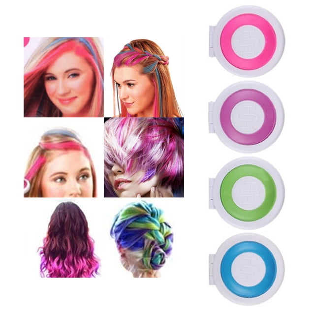 Trayknick Pigmented Hair Chalk Powder in blue, alongside pink, purple, and green options. Compact, circular design with a button closure for convenience and portability. Shown applied to various hairstyles, including straight, curly, and braided hair, creating vibrant, temporary color effects. Suitable for all hair types.