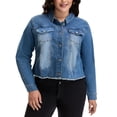 thumbnail image 2 of GRACE & GRANDEUR Women's Plus Size Washed Button Front Frayed Denim Jacket Blue 4X, 2 of 7