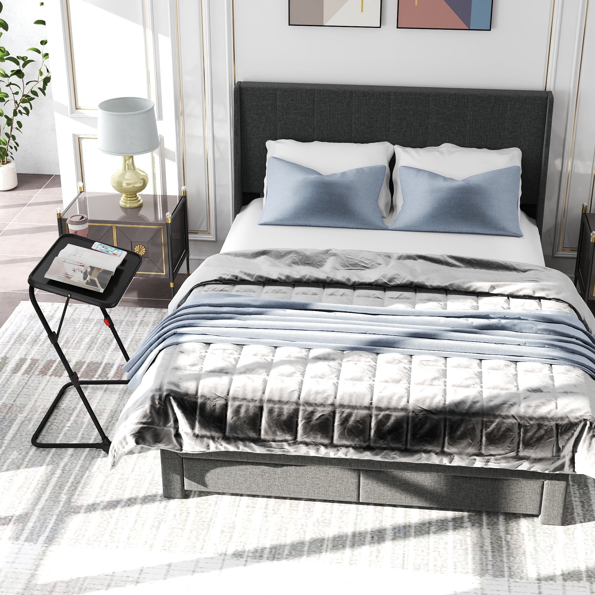 Homy Casa Upholstered Queen Bed Frame with Portable Bedside Tray Table