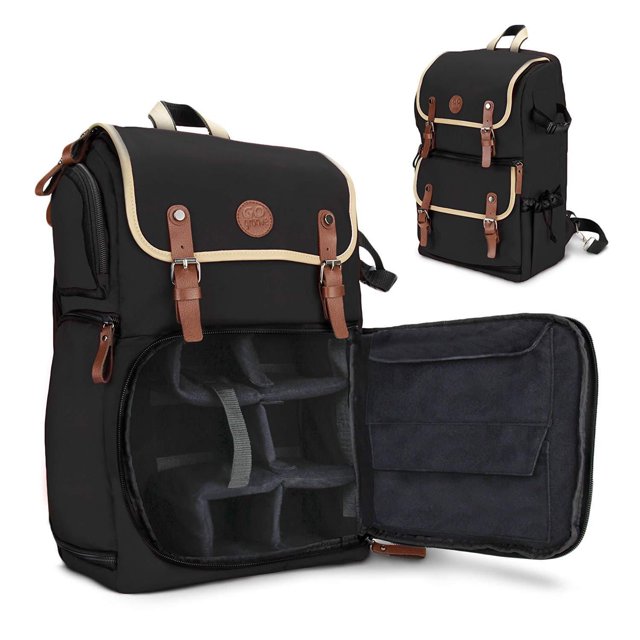 GOgroove Sac à Dos Professionnel pour Appareil Photo Reflex Numérique en nylon Noir avec Garniture beige et Sangles à Boucle Brunes, Montré Orienté vers l'Avant avec Compartiment Principal Ouvert, Diviseurs Rembourrés Ajustables Révélateurs pour l'Équipement Photo, Poches Latérales, Support pour Trépied et Bretelles Rembourrées pour le Confort.
